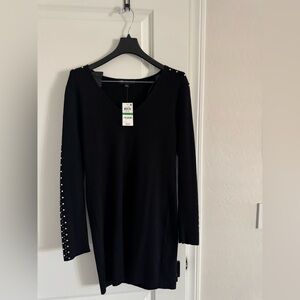 ✨ Elegant Black V-Neck Sweater with Pearl Sleeve Detail